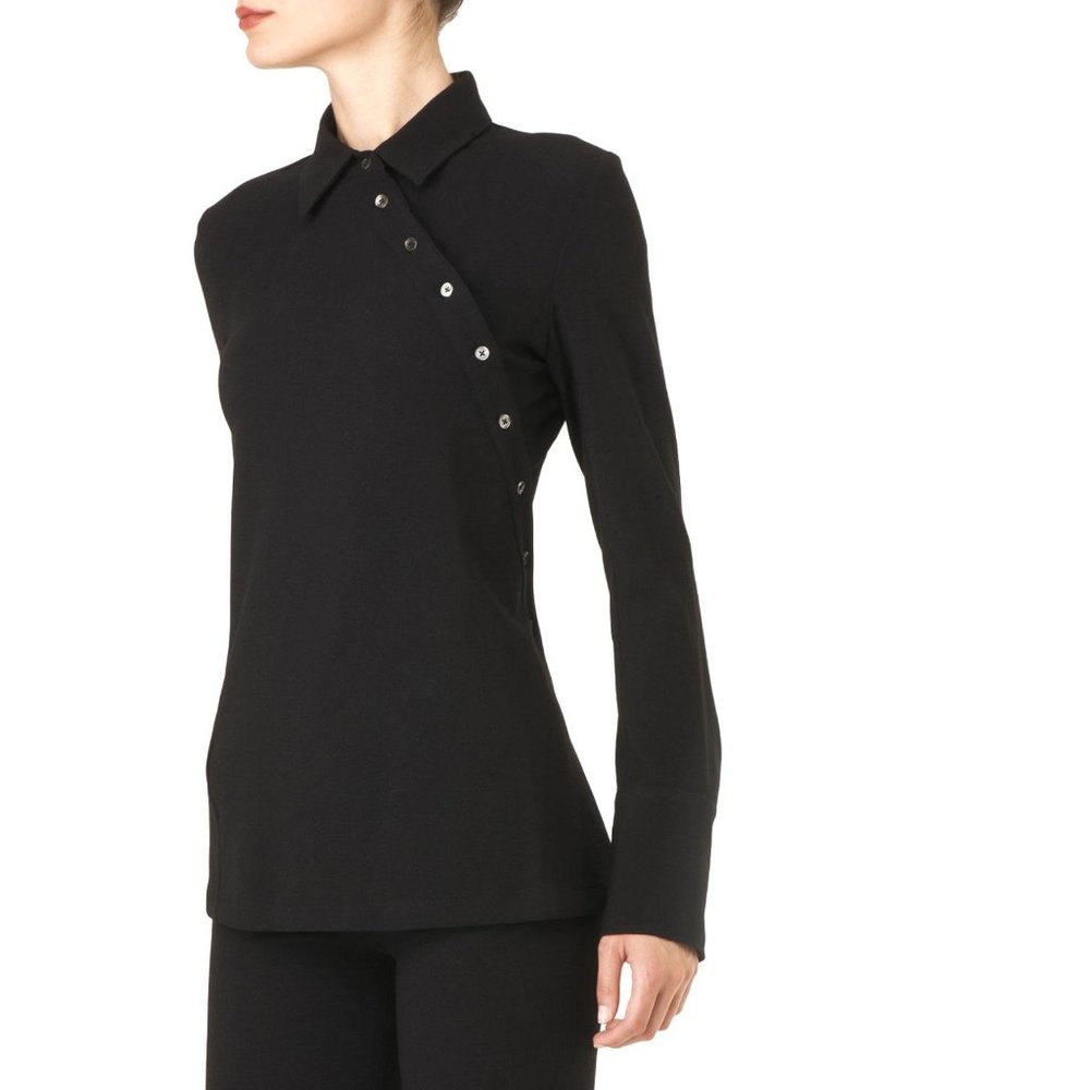 SOLD ANN DEMEULEMEESTER • Black Wool Asymmetric Button Up Shirt •  US 6 FR 38
